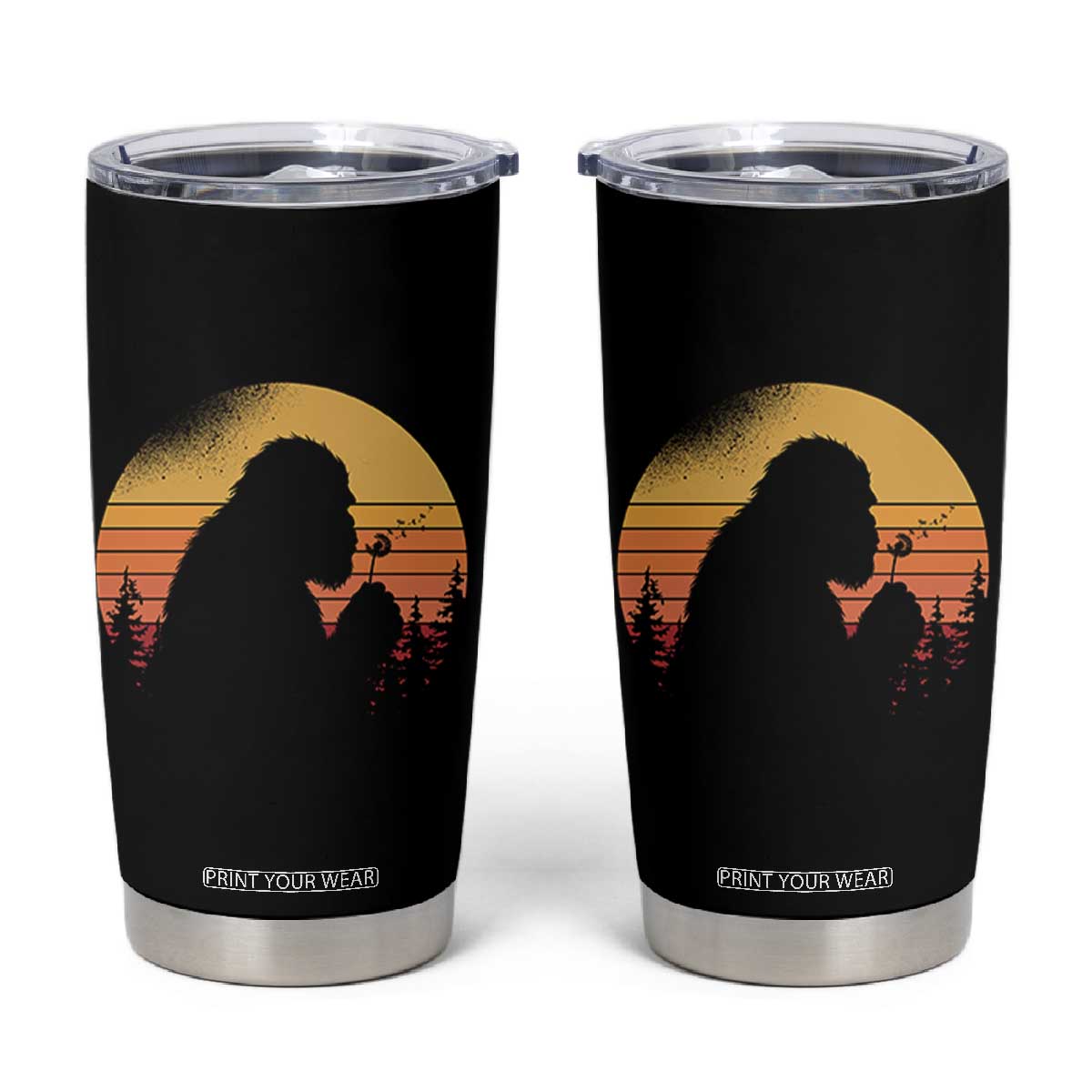 Bigfoot Blowing Dandelion Tumbler Cup Retro Sunset Forest TS14 Black Print Your Wear