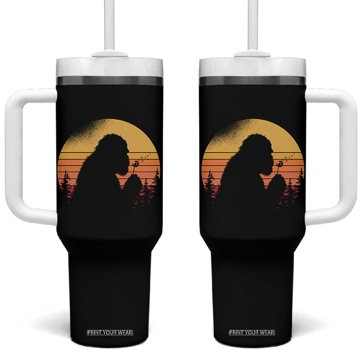 Bigfoot Blowing Dandelion Tumbler With Handle Retro Sunset Forest TS14 One Size: 40 oz Black Print Your Wear