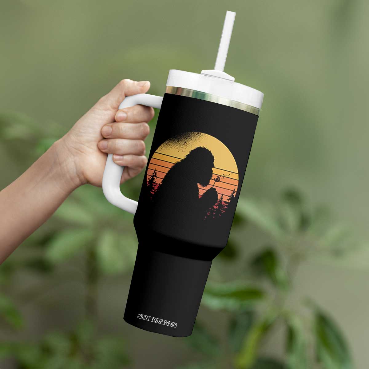 Bigfoot Blowing Dandelion Tumbler With Handle Retro Sunset Forest TS14 Print Your Wear