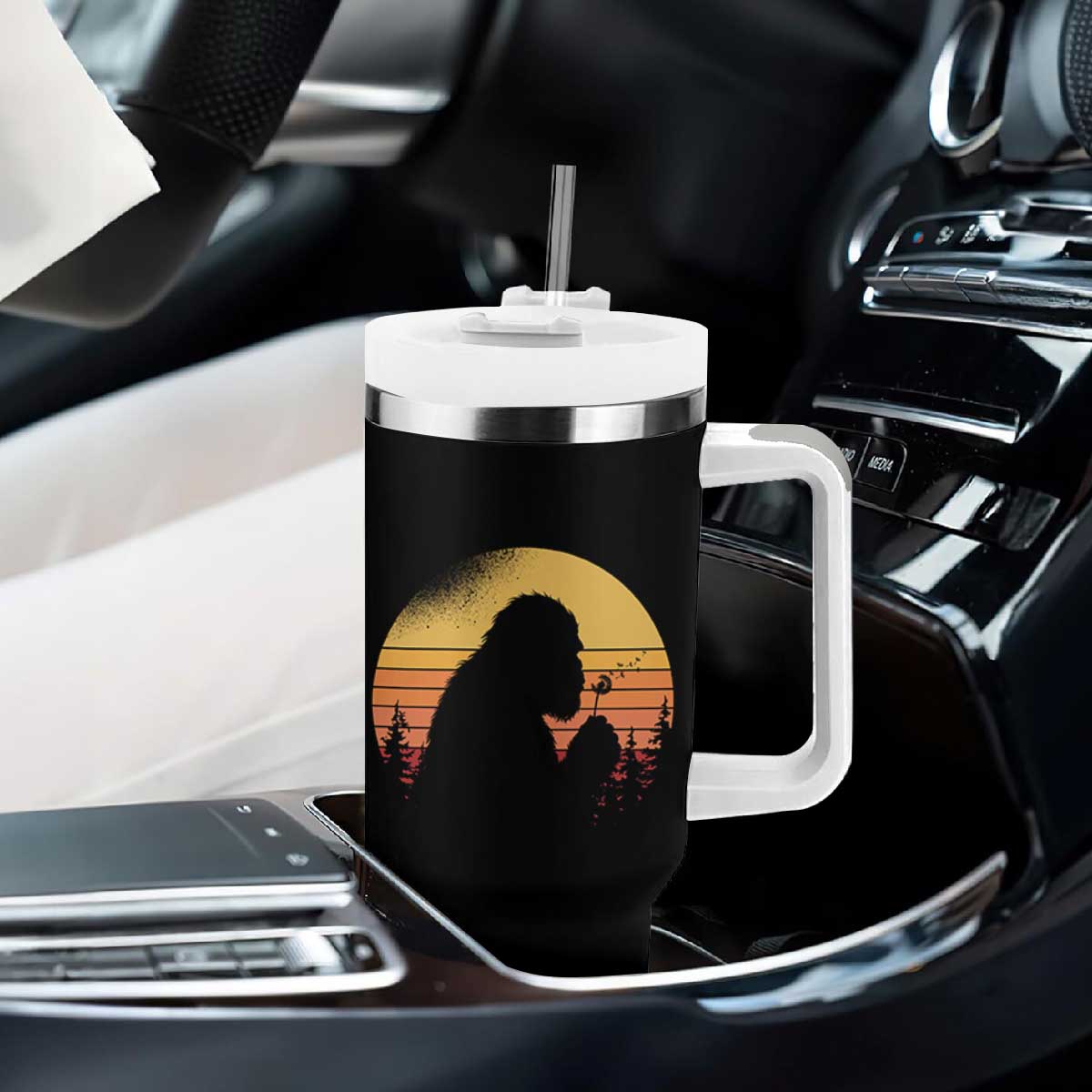 Bigfoot Blowing Dandelion Tumbler With Handle Retro Sunset Forest TS14 Print Your Wear