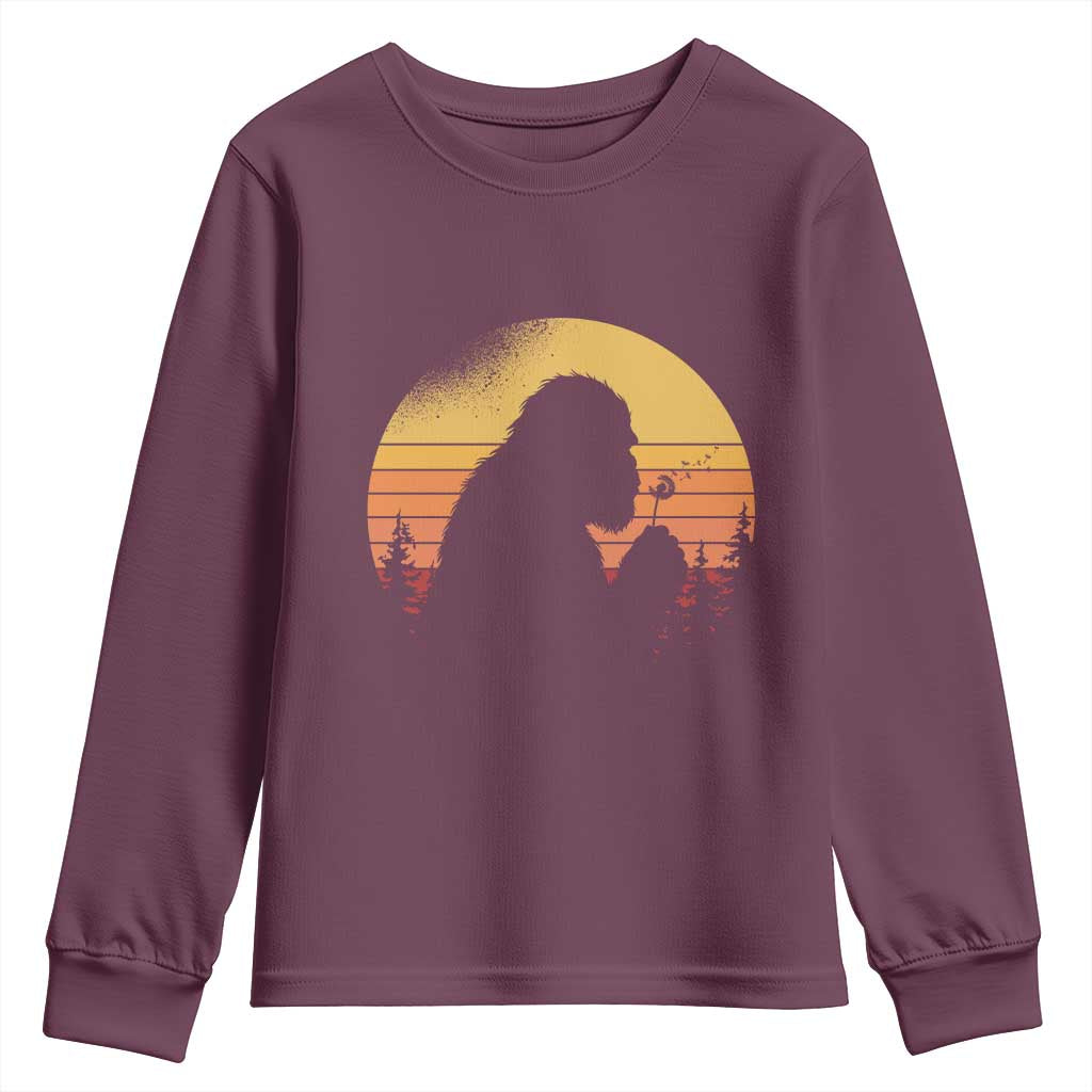 Bigfoot Blowing Dandelion Youth Sweatshirt Retro Sunset Forest TS14 Maroon Print Your Wear