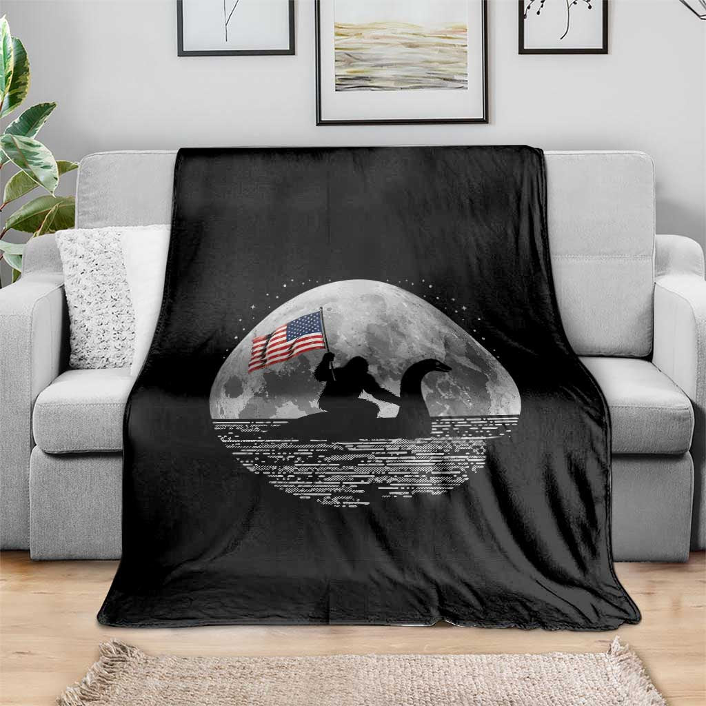 Bigfoot Loch Ness Monster 4th of July Throw Blanket Funny Cryptid Moon Night