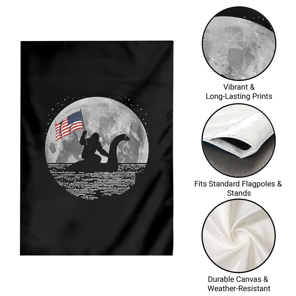 Bigfoot Loch Ness Monster 4th of July Garden Flag Funny Cryptid Moon Night