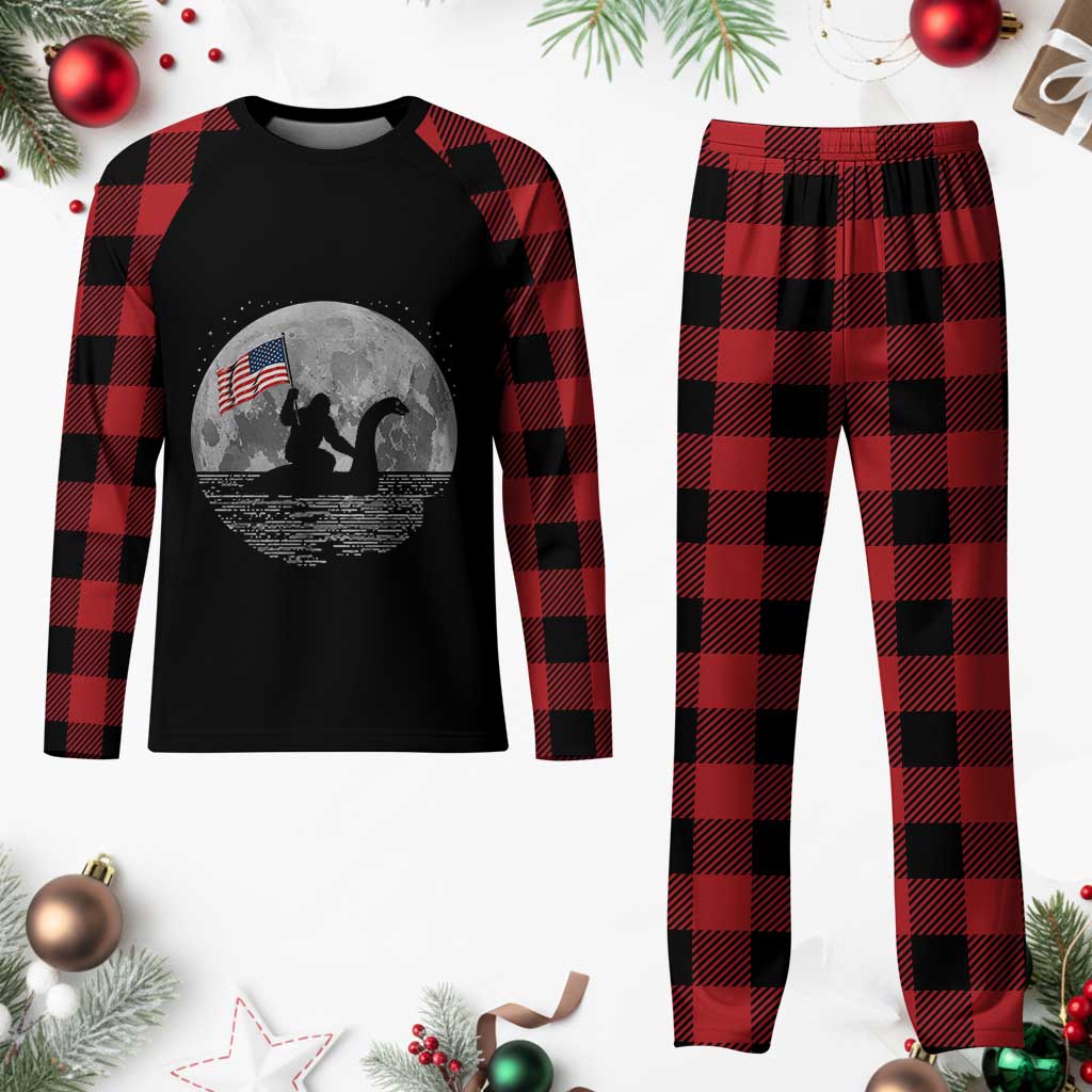 Bigfoot Loch Ness Monster 4th of July Plaid Pajama Set Funny Cryptid Moon Night
