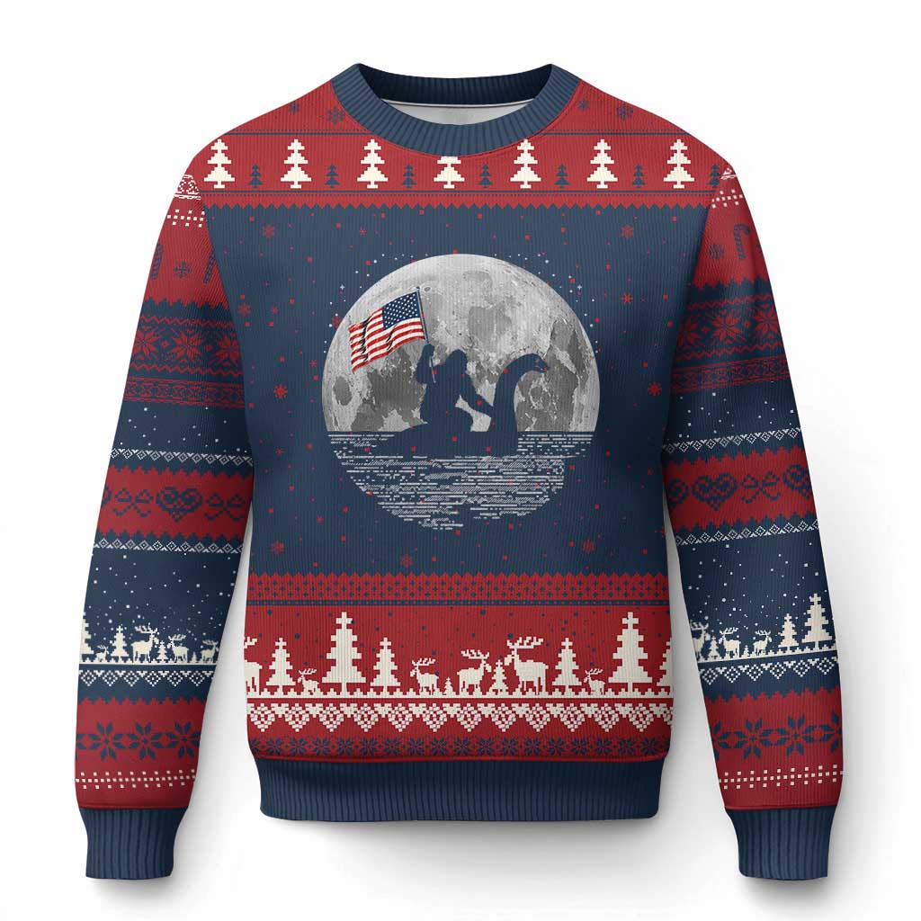 Bigfoot Loch Ness Monster 4th of July Ugly Christmas Sweater Funny Cryptid Moon Night TS14 Navy Red Print Your Wear
