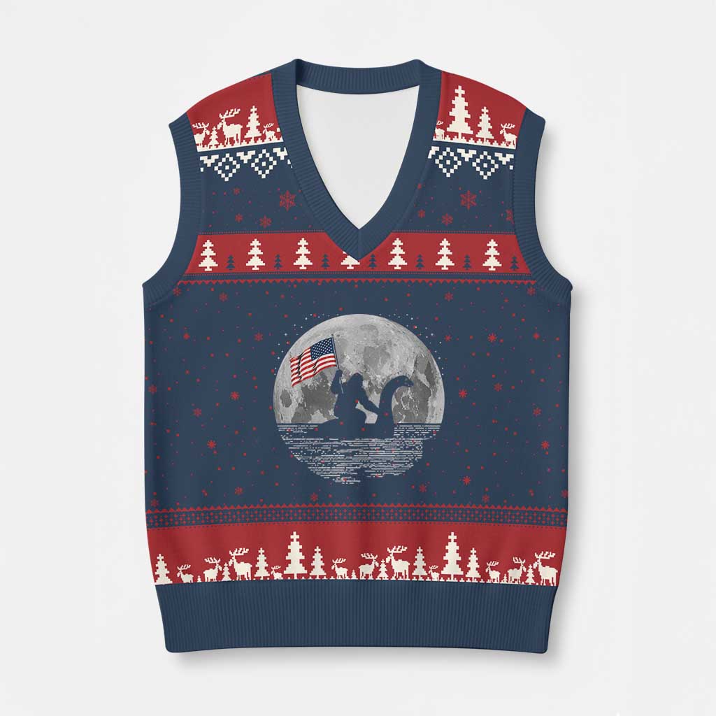 Bigfoot Loch Ness Monster 4th of July V-Neck Knit Sweater Vest Funny Cryptid Moon Night