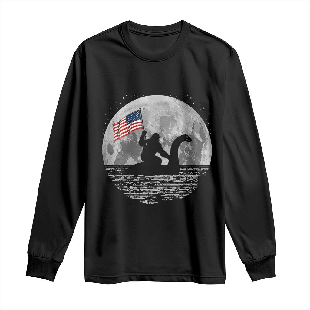 Bigfoot Loch Ness Monster 4th of July Long Sleeve Shirt Funny Cryptid Moon Night