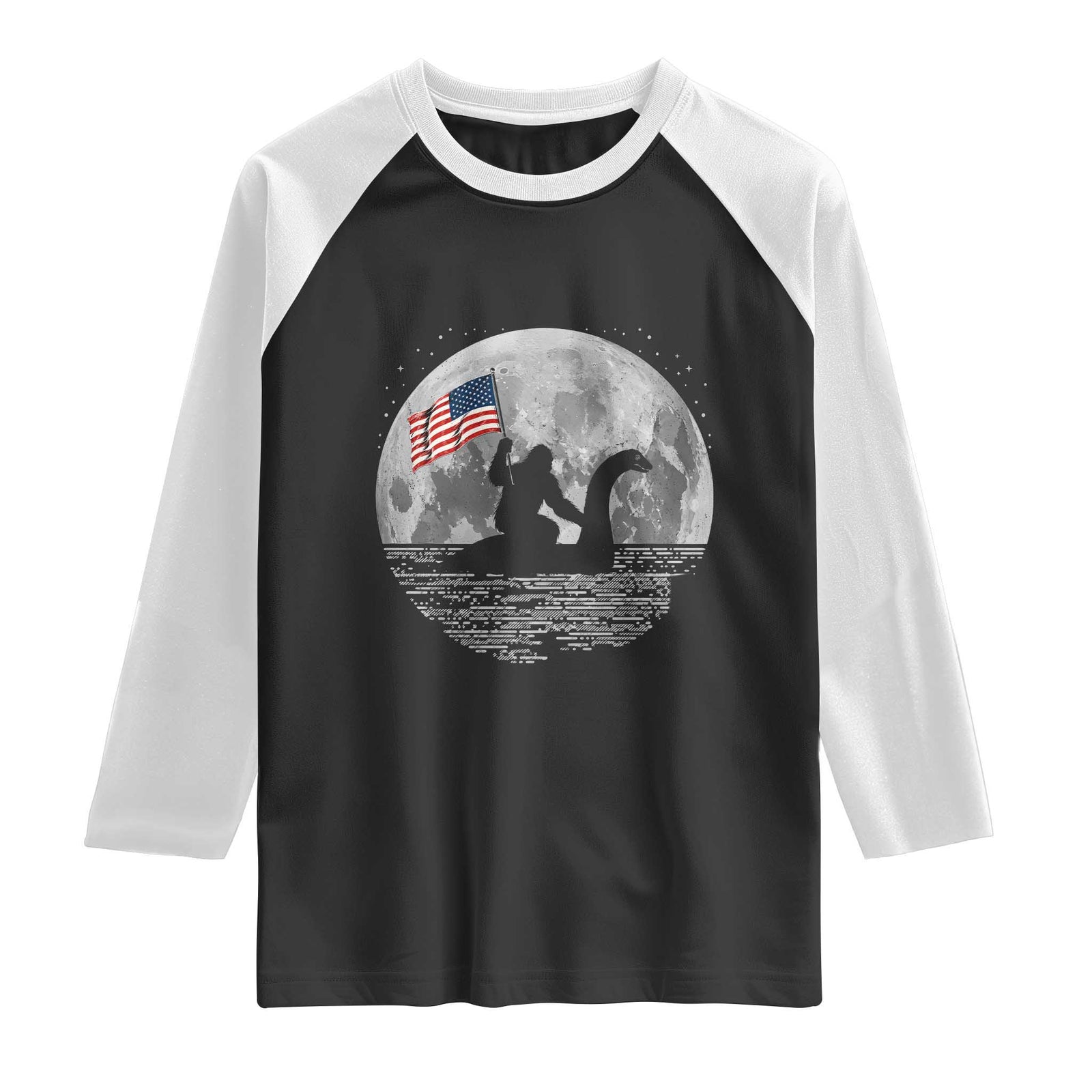 Bigfoot Loch Ness Monster 4th of July Raglan Shirt Funny Cryptid Moon Night TS14 Black White Print Your Wear