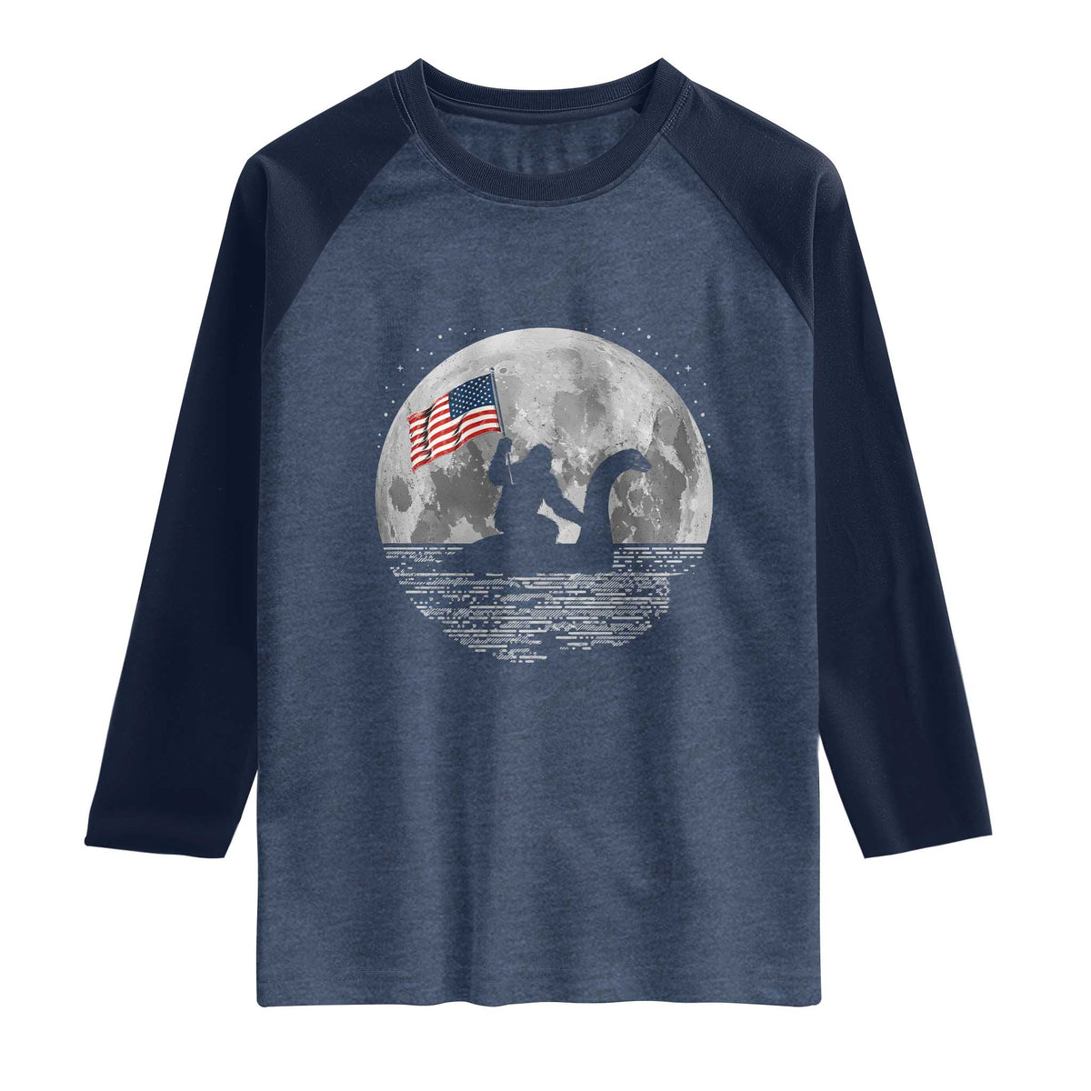 Bigfoot Loch Ness Monster 4th of July Raglan Shirt Funny Cryptid Moon Night