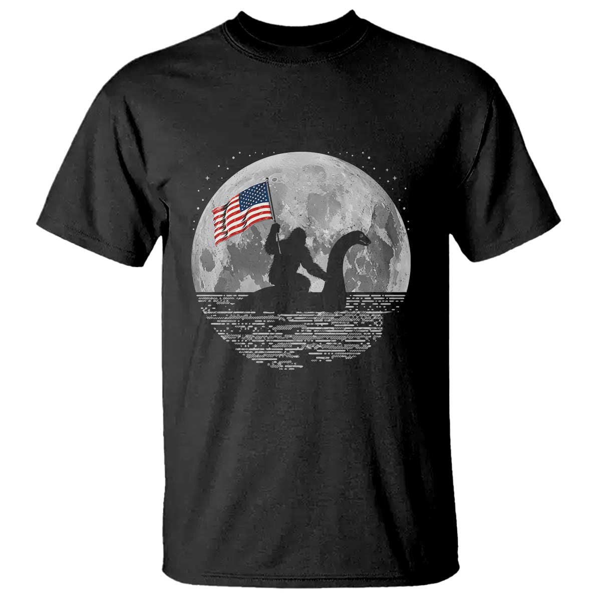 Bigfoot Loch Ness Monster 4th of July T Shirt Funny Cryptid Moon Night