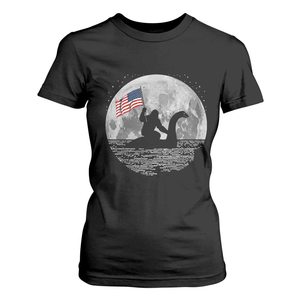 Bigfoot Loch Ness Monster 4th of July T Shirt For Women Funny Cryptid Moon Night