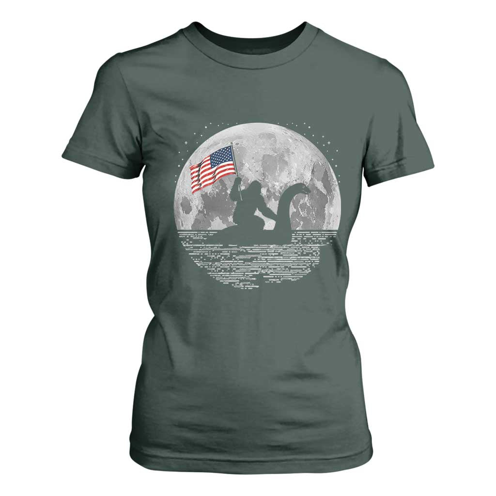Bigfoot Loch Ness Monster 4th of July T Shirt For Women Funny Cryptid Moon Night