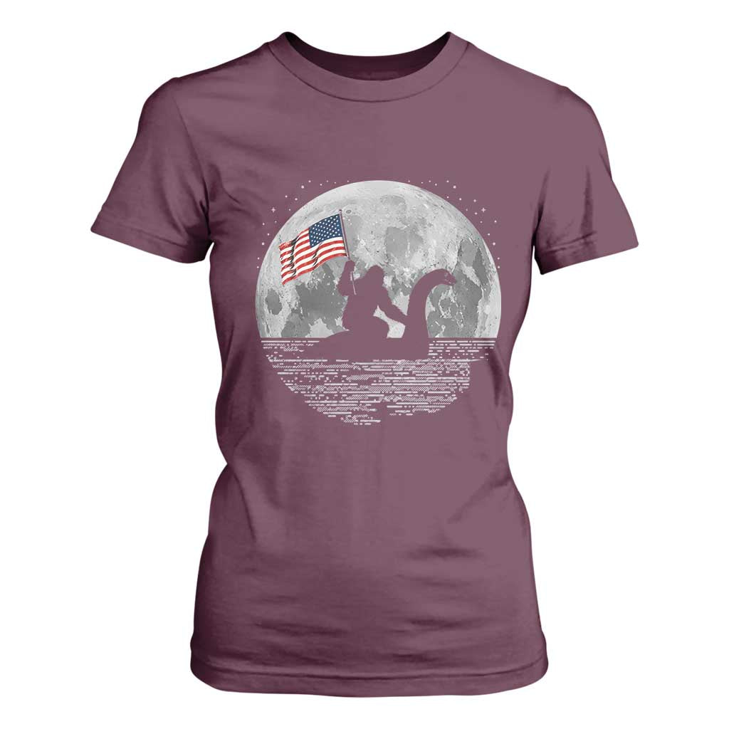 Bigfoot Loch Ness Monster 4th of July T Shirt For Women Funny Cryptid Moon Night