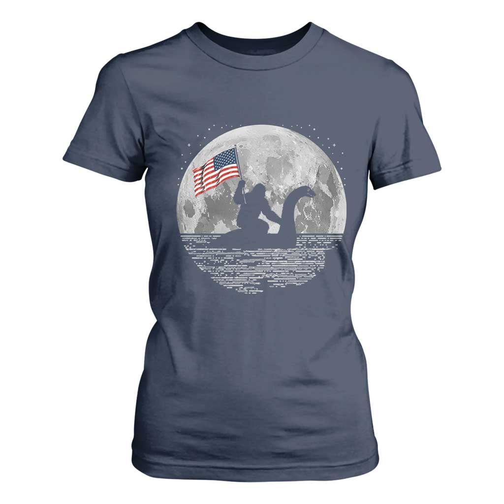 Bigfoot Loch Ness Monster 4th of July T Shirt For Women Funny Cryptid Moon Night