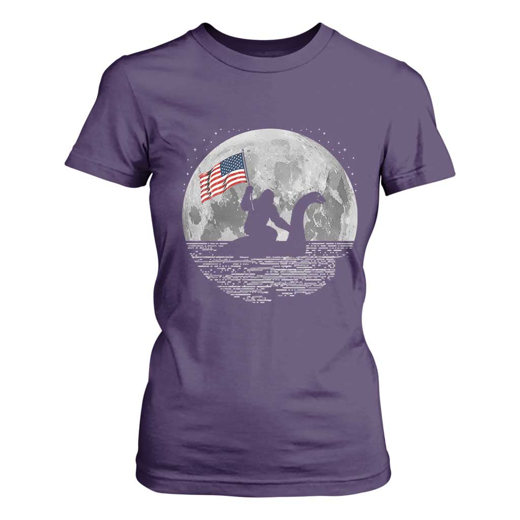 Bigfoot Loch Ness Monster 4th of July T Shirt For Women Funny Cryptid Moon Night