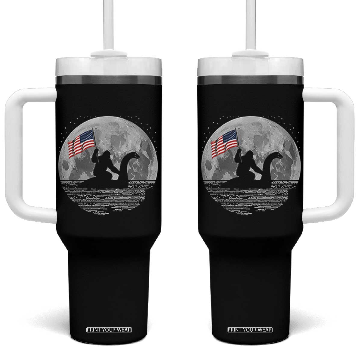 Bigfoot Loch Ness Monster 4th of July Tumbler With Handle Funny Cryptid Moon Night