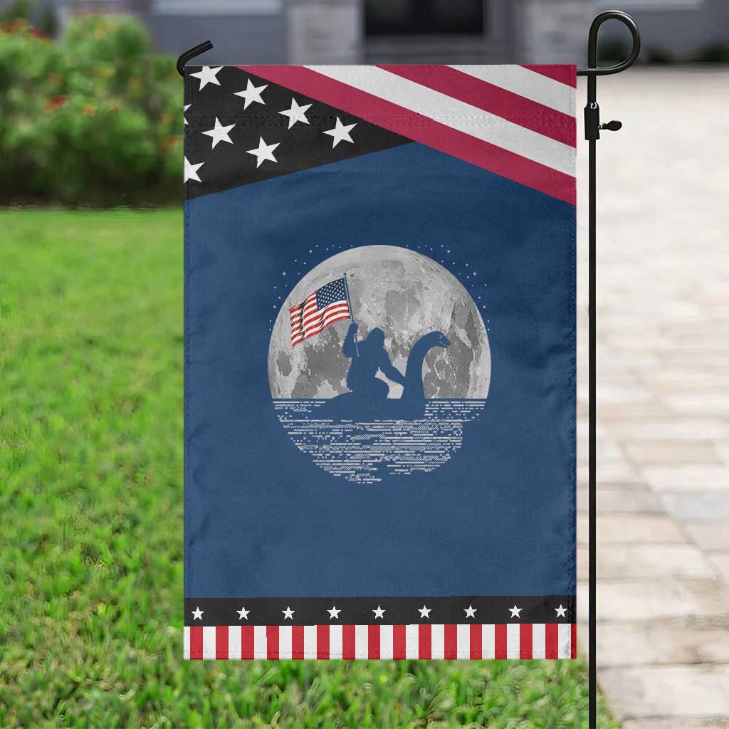 Bigfoot Loch Ness Monster 4th of July Patriotic Garden Flag Funny Cryptid Moon Night