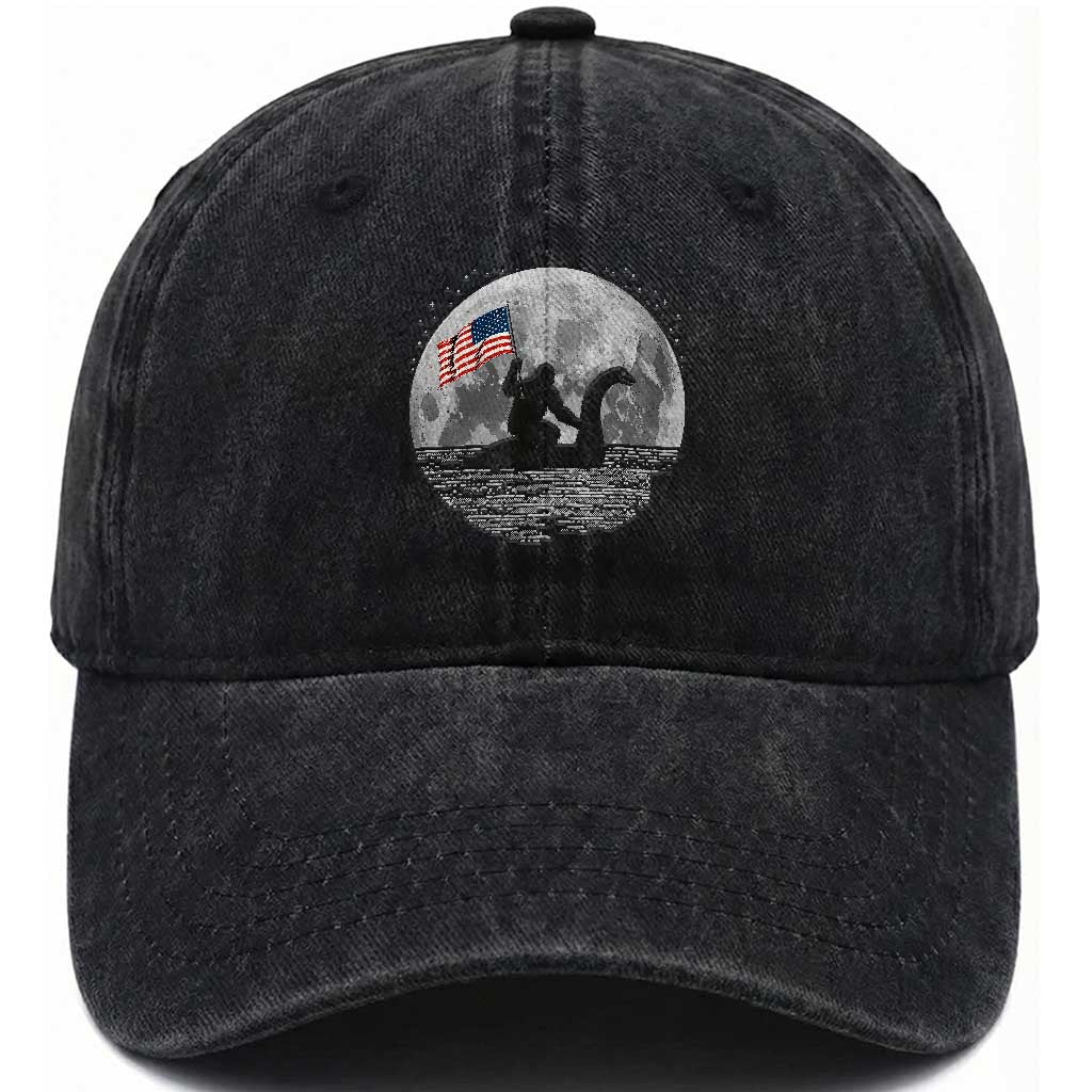 Bigfoot Loch Ness Monster 4th of July Washed Cotton Baseball Cap Funny Cryptid Moon Night