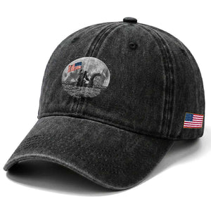Bigfoot Loch Ness Monster 4th of July Washed Cotton Baseball Cap Funny Cryptid Moon Night