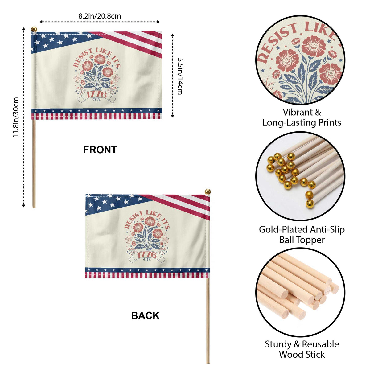 Resist Like its 1776 Patriotic Handheld Flag Vintage Boho Floral Subtle 250th Anniversary
