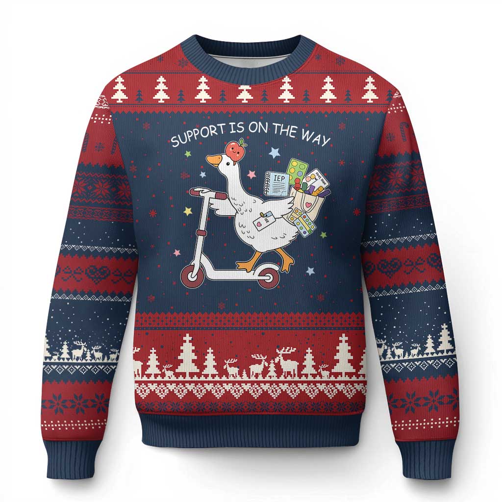 Special Education SPED Teacher Goose Scooter Ugly Christmas Sweater Support Is On The Way TS14 Navy Red Print Your Wear