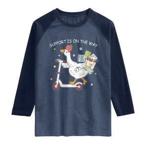 Special Education SPED Teacher Goose Scooter Raglan Shirt Support Is On The Way TS14 Heather Denim Navy Print Your Wear
