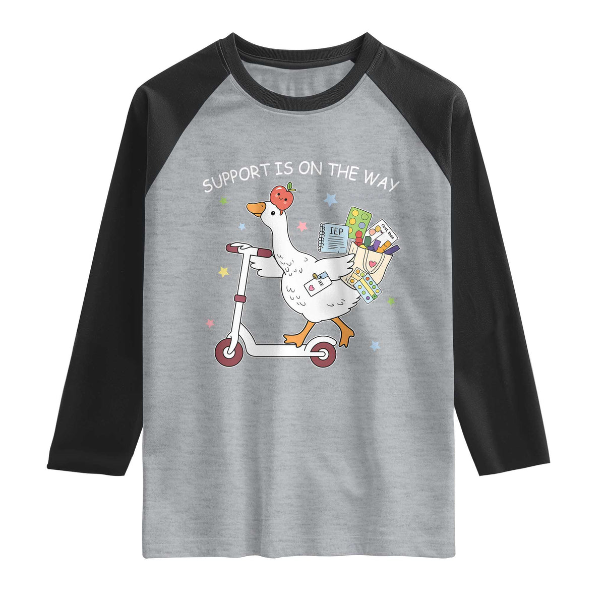 Special Education SPED Teacher Goose Scooter Raglan Shirt Support Is On The Way TS14 Heather Gray Black Print Your Wear