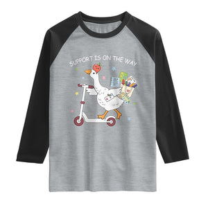 Special Education SPED Teacher Goose Scooter Raglan Shirt Support Is On The Way TS14 Heather Gray Black Print Your Wear