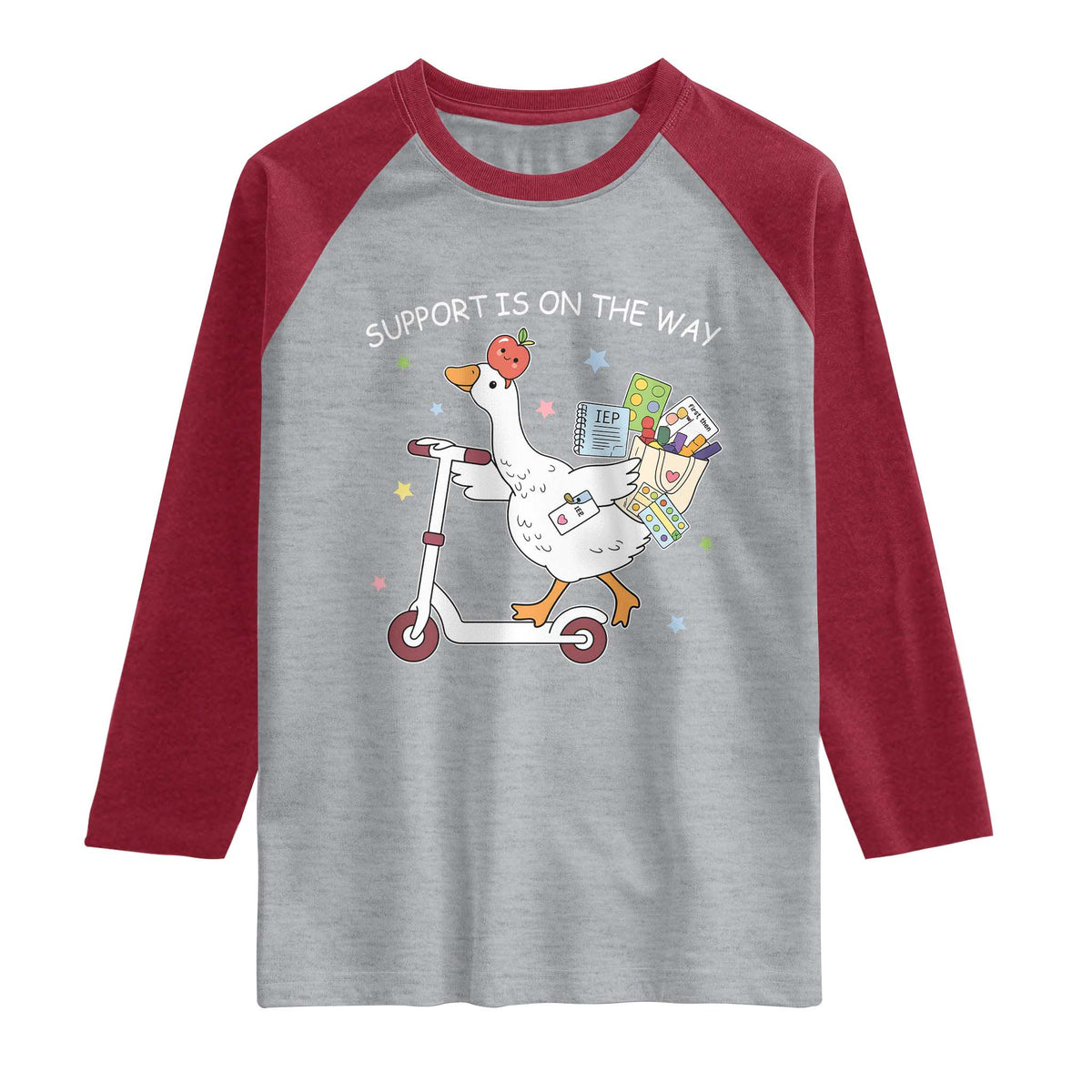 Special Education SPED Teacher Goose Scooter Raglan Shirt Support Is On The Way TS14 Heather Gray Heather Red Print Your Wear