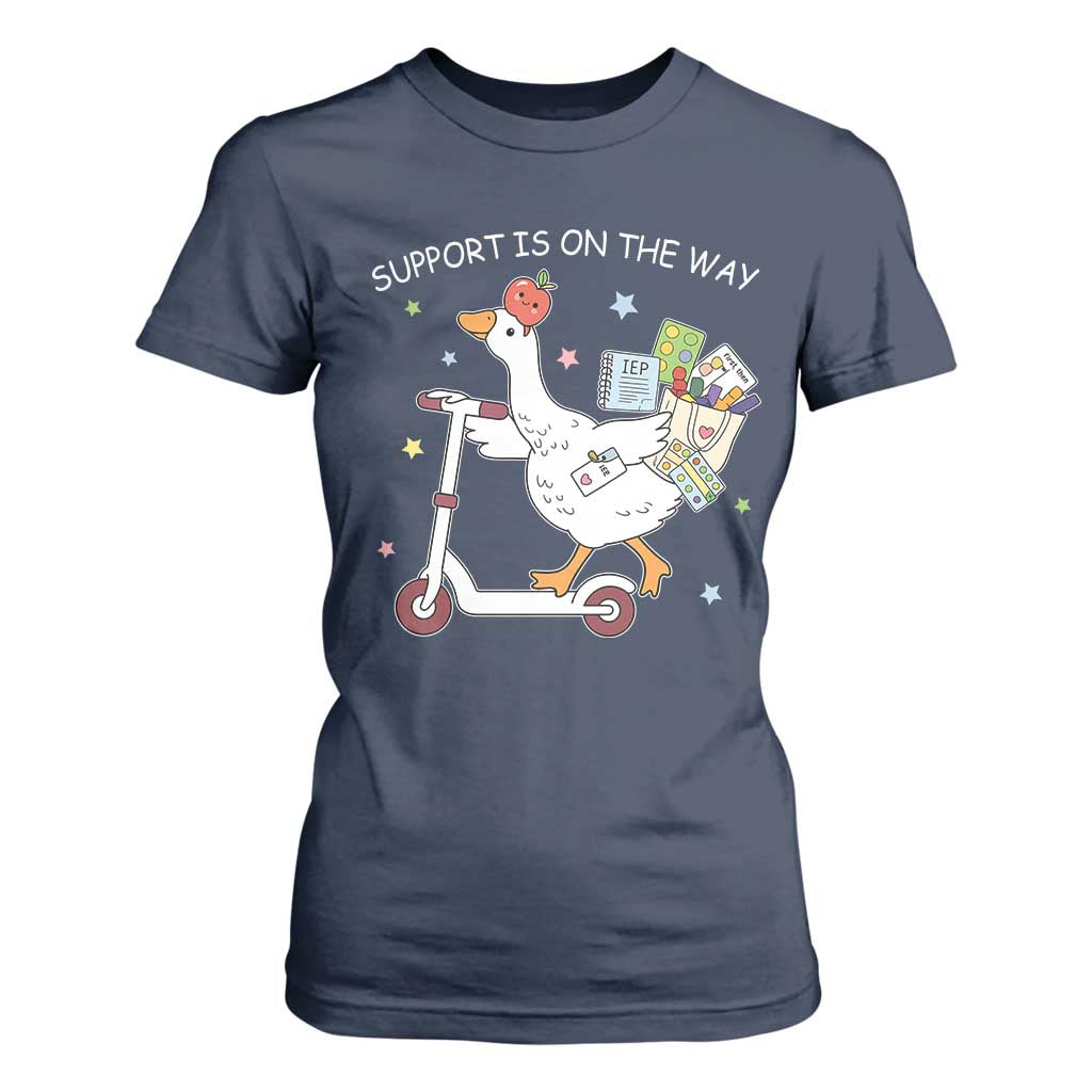 Special Education SPED Teacher Goose Scooter T Shirt For Women Support Is On The Way TS14 Navy Print Your Wear