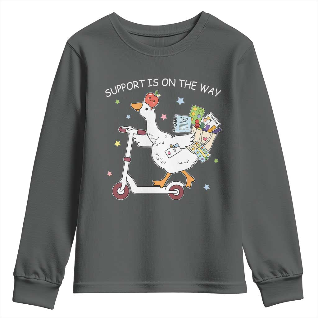 Special Education SPED Teacher Goose Scooter Youth Sweatshirt Support Is On The Way TS14 Dark Heather Print Your Wear