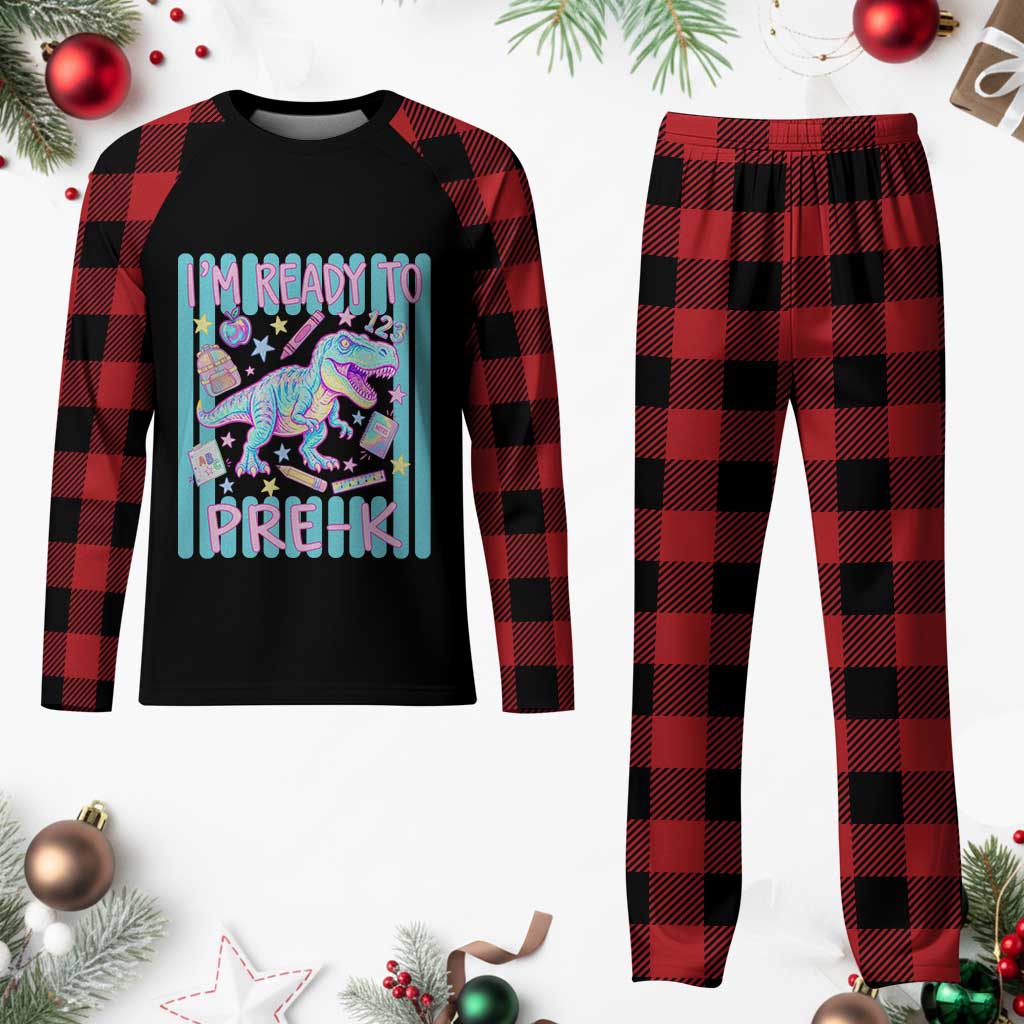 Funny Dinosaur First Day of School Pre-k Kindergarten Plaid Pajama Set I'm Ready To Pre K