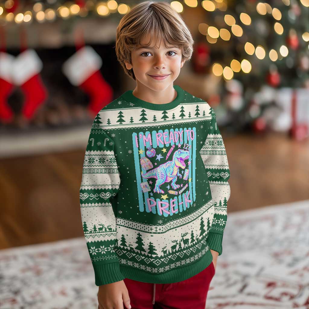 Funny Dinosaur First Day of School Pre-k Kindergarten Ugly Christmas Sweater I'm Ready To Pre K