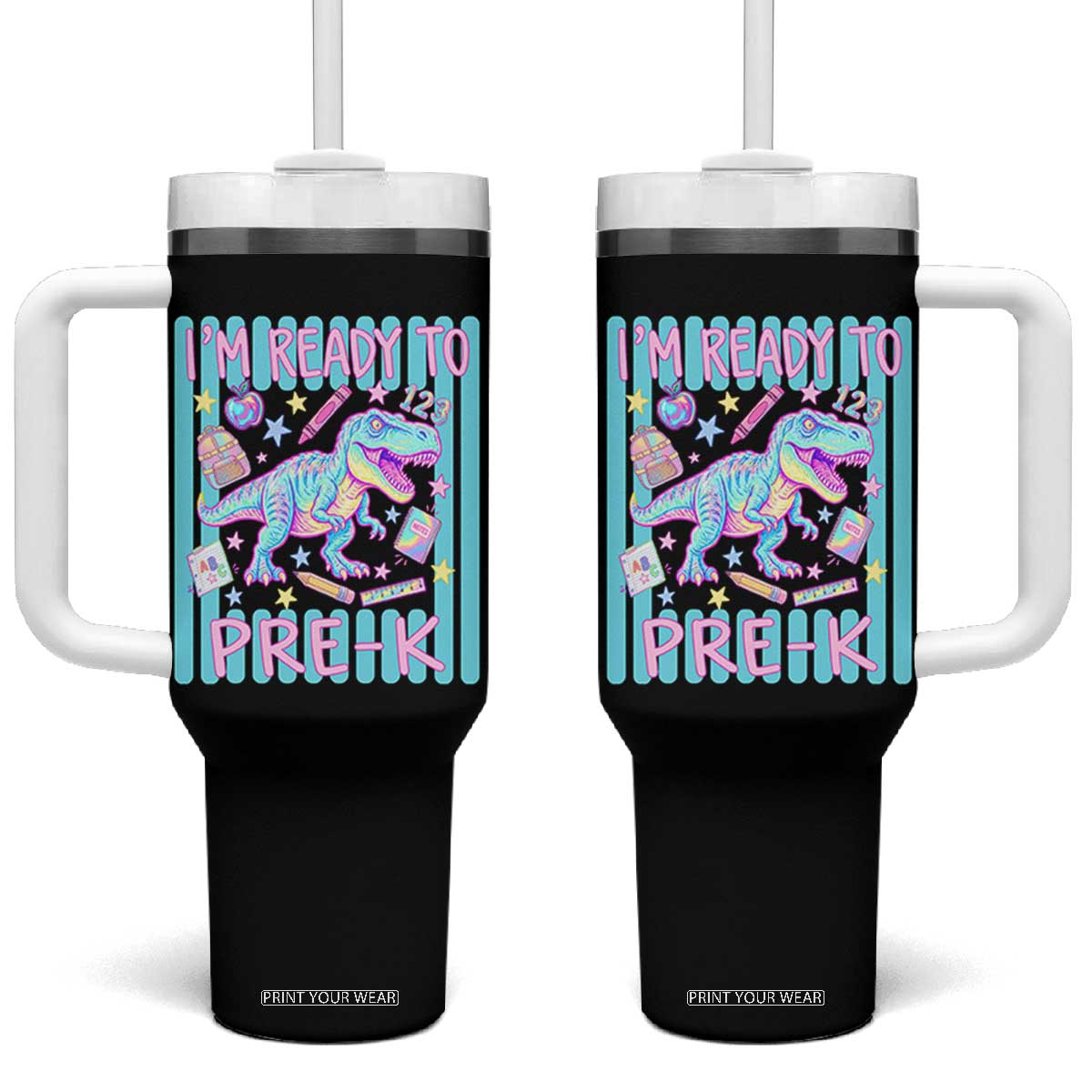 Funny Dinosaur First Day of School Pre-k Kindergarten Tumbler With Handle I'm Ready To Pre K TS14 One Size: 40 oz Black Print Your Wear
