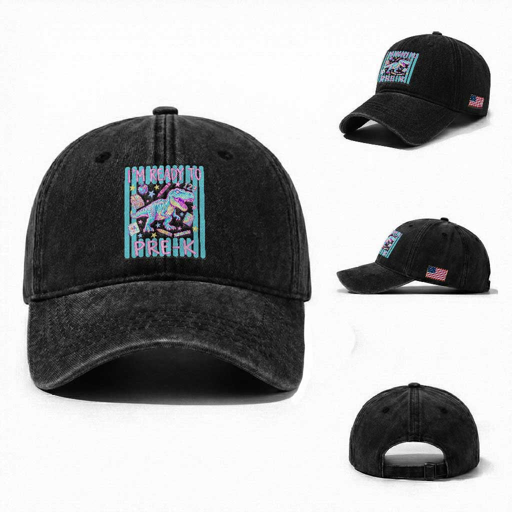 Funny Dinosaur First Day of School Pre-k Kindergarten Washed Cotton Baseball Cap I'm Ready To Pre K