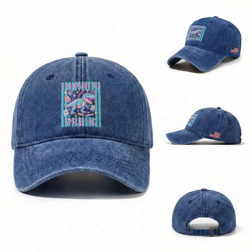 Funny Dinosaur First Day of School Pre-k Kindergarten Washed Cotton Baseball Cap I'm Ready To Pre K