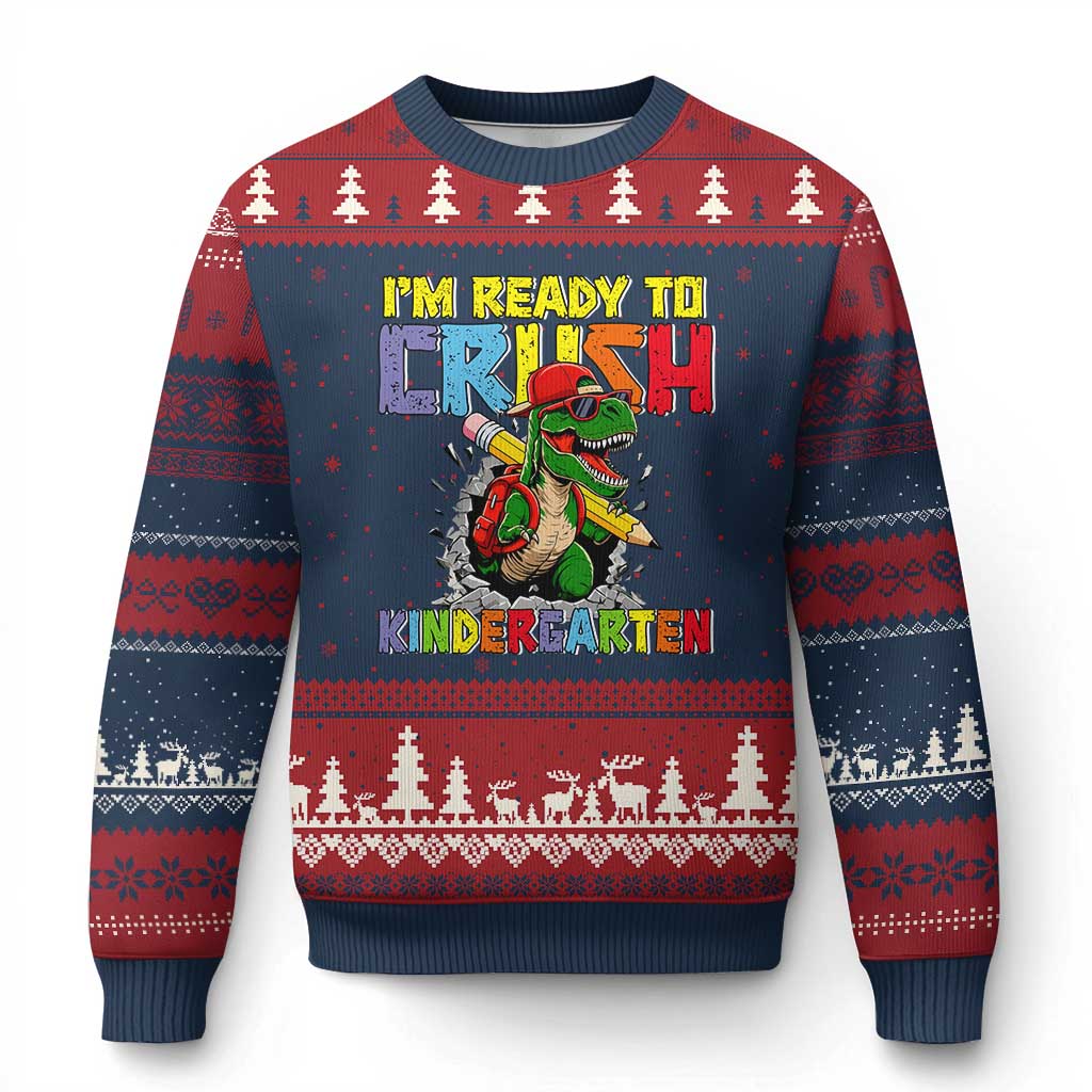 I'm Ready to Crush Pre-K Back to School T-Rex Dinosaur Ugly Christmas Sweater TS14 Navy Red Print Your Wear