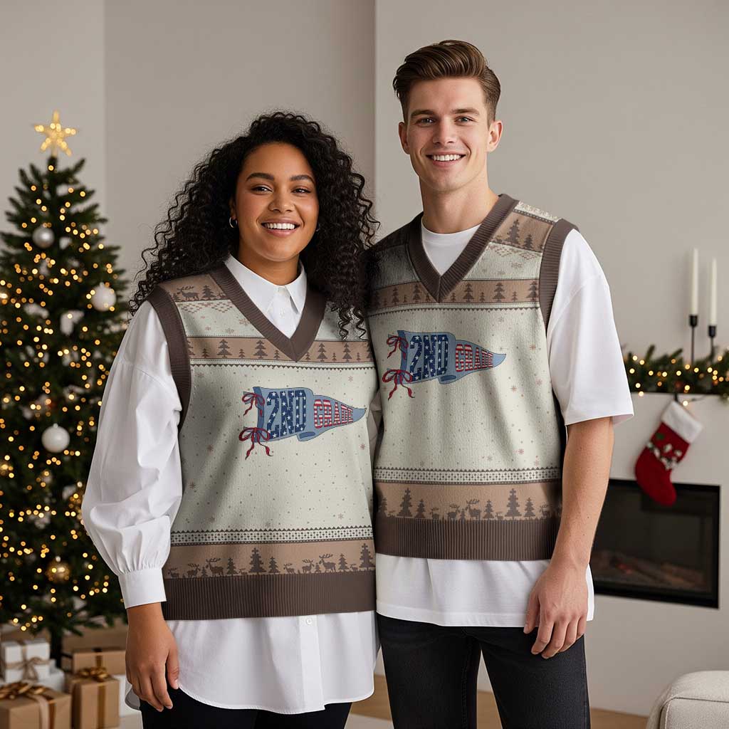 2nd Grade Teacher Pennant US Flag Back to School V-Neck Knit Sweater Vest
