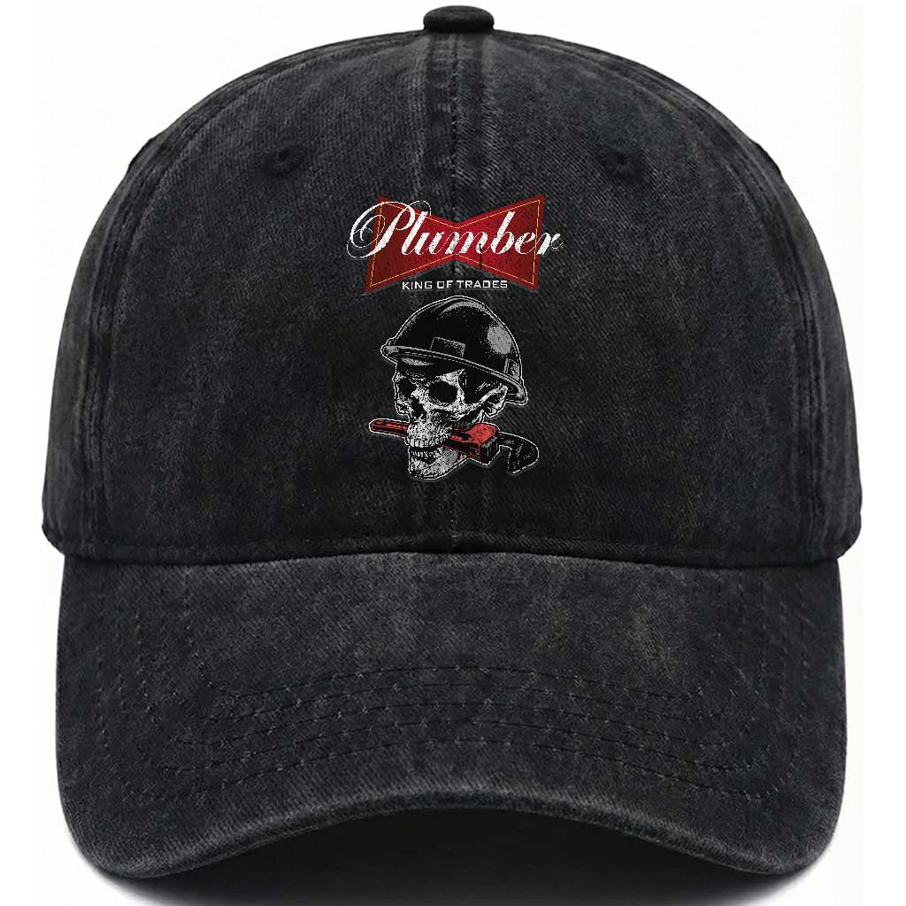 Plumber Plumbing Skull Washed Cotton Baseball Cap King Of Trades TS14 Washed Cap Universal Fit Black Print Your Wear