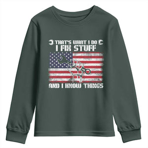 Patriotic Mechanic American Flag Car Repairman Youth Sweatshirt TS14 Dark Forest Green Print Your Wear