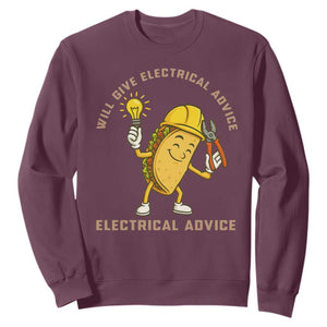Funny Electrician Sweatshirt This Electrician Will Work For Tacos TS14 Maroon Print Your Wear