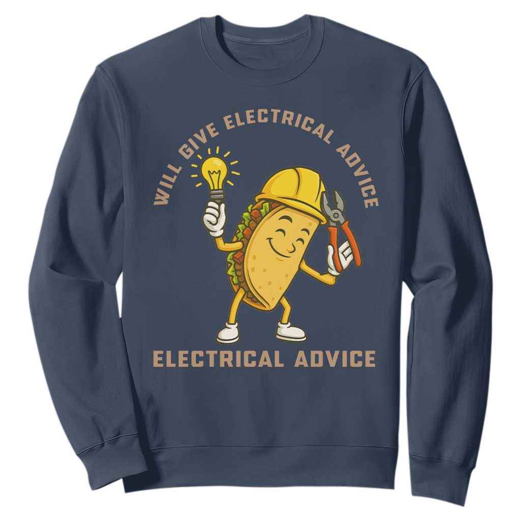 Funny Electrician Sweatshirt This Electrician Will Work For Tacos TS14 Navy Print Your Wear