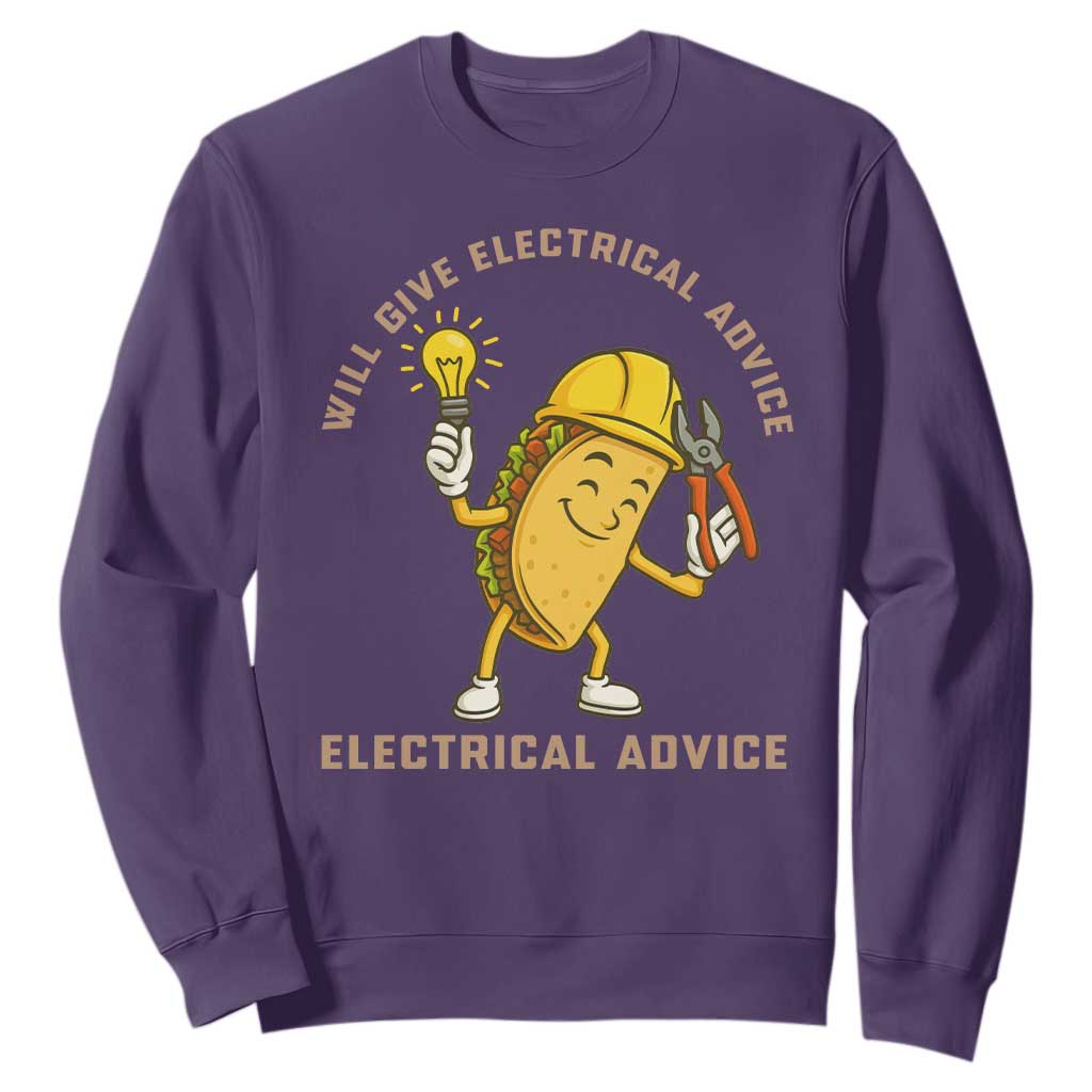 Funny Electrician Sweatshirt This Electrician Will Work For Tacos TS14 Purple Print Your Wear