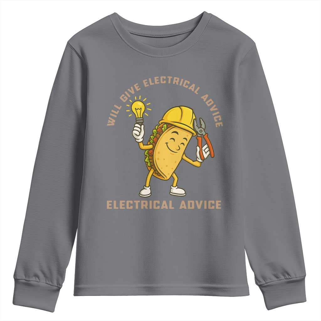Funny Electrician Youth Sweatshirt This Electrician Will Work For Tacos TS14 Charcoal Print Your Wear