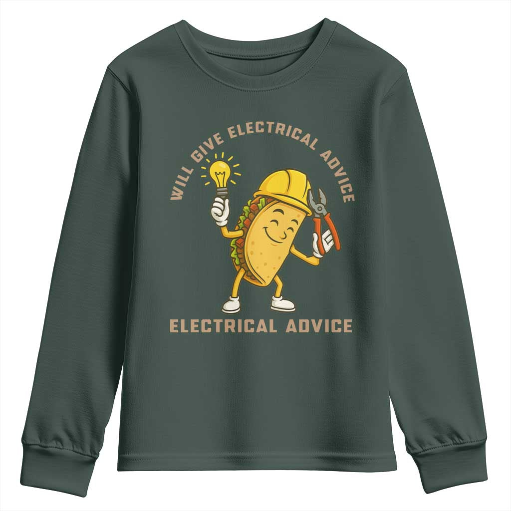 Funny Electrician Youth Sweatshirt This Electrician Will Work For Tacos TS14 Dark Forest Green Print Your Wear