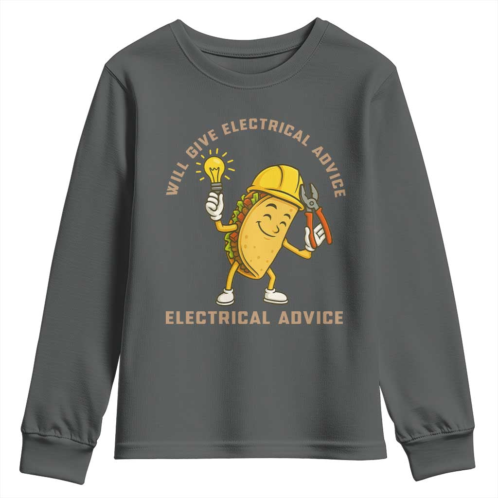 Funny Electrician Youth Sweatshirt This Electrician Will Work For Tacos TS14 Dark Heather Print Your Wear