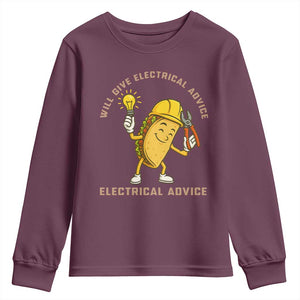 Funny Electrician Youth Sweatshirt This Electrician Will Work For Tacos TS14 Maroon Print Your Wear