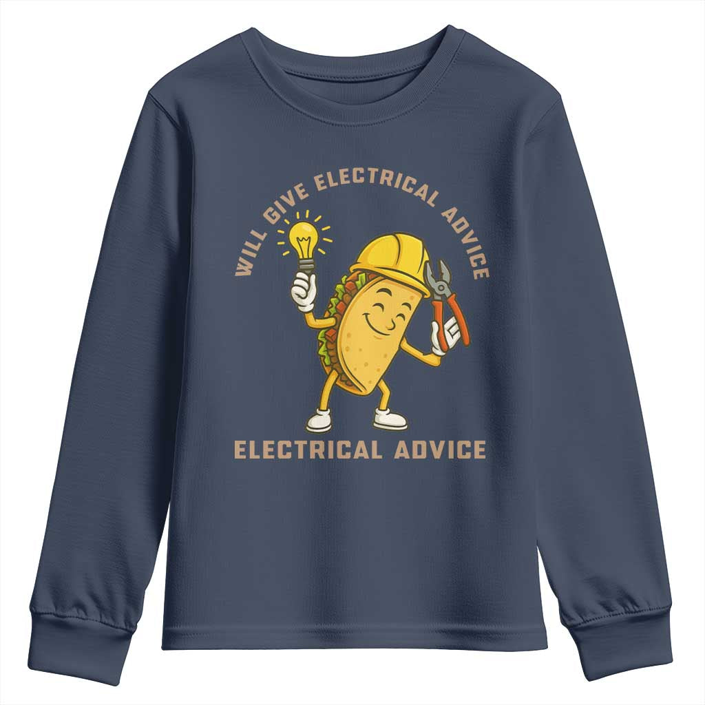 Funny Electrician Youth Sweatshirt This Electrician Will Work For Tacos TS14 Navy Print Your Wear