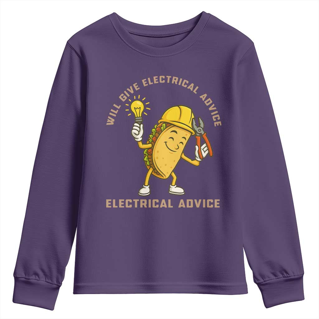 Funny Electrician Youth Sweatshirt This Electrician Will Work For Tacos TS14 Purple Print Your Wear