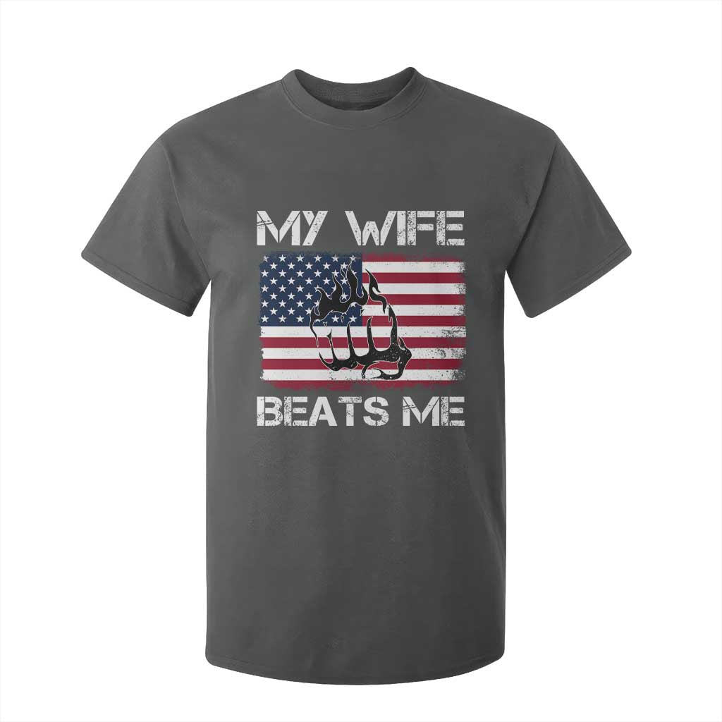 Funny Husband Sarcastic T Shirt For Kid American Flag My Wife Beats Me TS14 Dark Heather Print Your Wear
